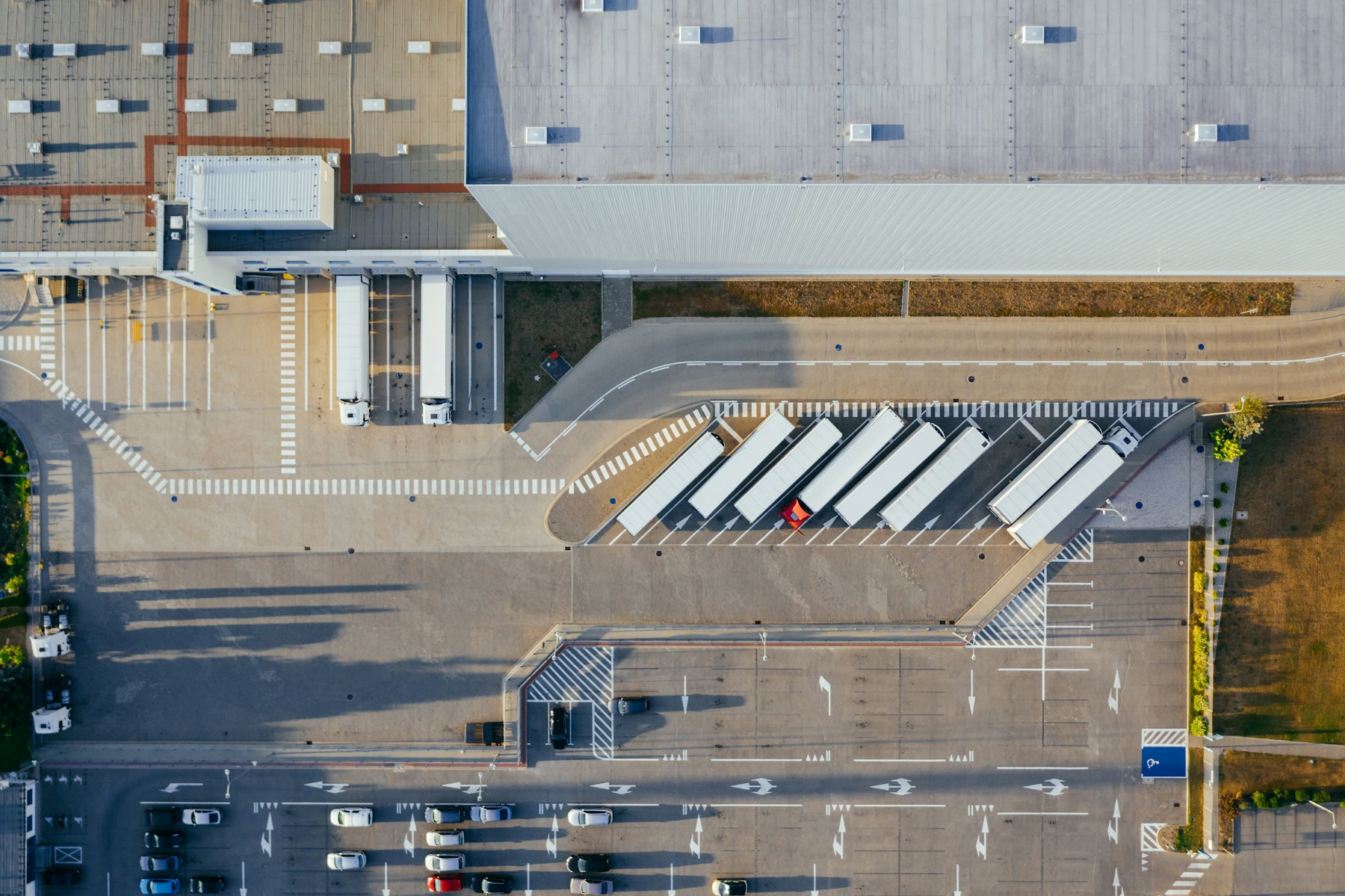 Aerial view of trucks at the loading docks